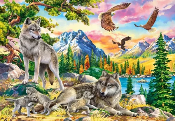 Puzzle 1000 elementów. Wilcza rodzina i orły