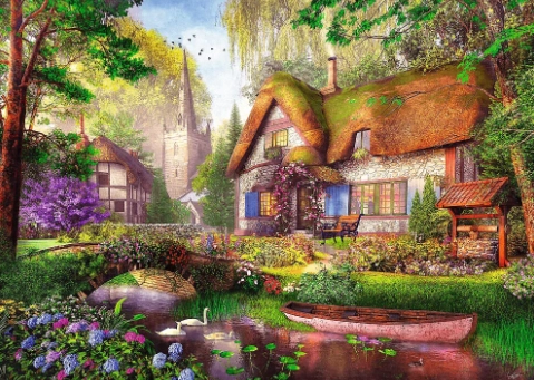 Puzzle 1000 elementów. Premium Plus Quality. Tea Time. Urocza chatka w lesie