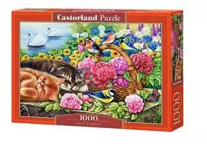 Puzzle 1000 elementów. Koty w kwiatach, leniwa niedziela