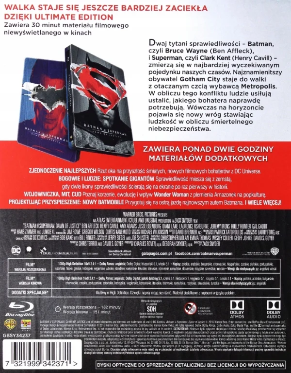 Batman v Superman: Świt Sprawiedliwości | Ultimate Edition | 2x Blu-ray | Steelbook | Wersja rozszerzona 30 min
