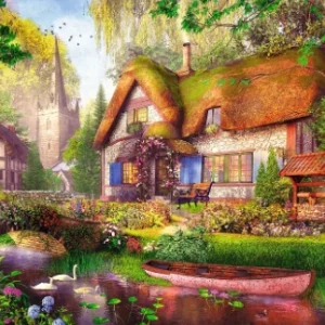Puzzle 1000 elementów. Premium Plus Quality. Tea Time. Urocza chatka w lesie