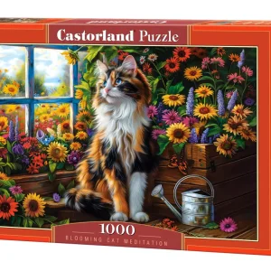 Puzzle 1000 elementów. Medytujący kot wśród kwiatów