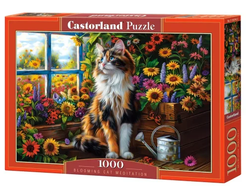 Puzzle 1000 elementów. Medytujący kot wśród kwiatów