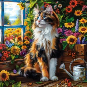 Puzzle 1000 elementów. Medytujący kot wśród kwiatów