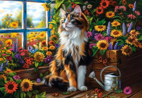 Puzzle 1000 elementów. Medytujący kot wśród kwiatów